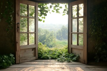 Open window revealing lush greenery and a serene landscape beyond.