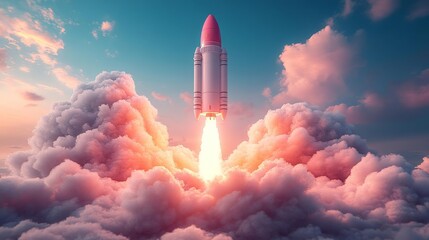 Colorful rocket soaring through fluffy clouds. Generative AI