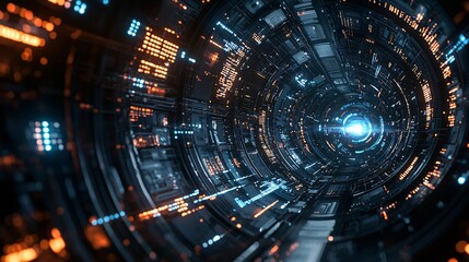 Fototapeta premium Futuristic Sci Fi Tunnel Abstract Digital Data Stream Glowing Neon Lights Orange and Blue Cyberpunk