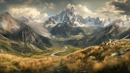 Obraz premium Majestic Alpine Panorama: A Serene Mountain Valley