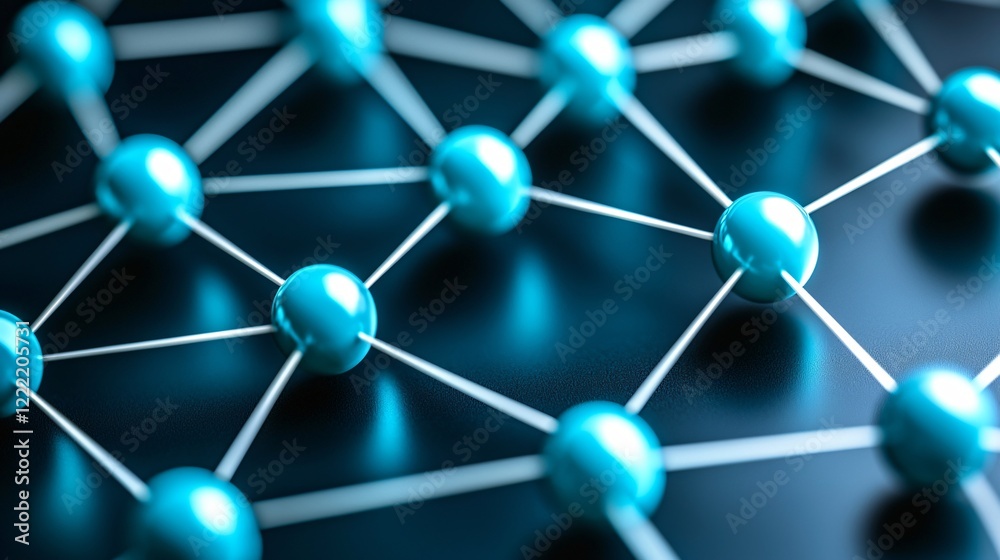 Wall mural abstract network connection teal spheres linked by white lines on dark background