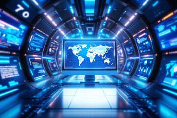 Futuristic control room with a monitor displaying a world map surrounded by glowing digital interfaces.