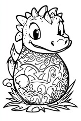 Fototapeta premium A cute cartoon baby dragon hatching from an egg with a patterned shell and a big smile.