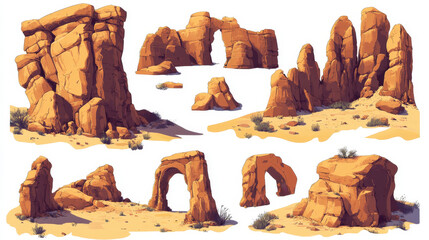 Big desert stone piles and cliff. Cartoon vector illustration set of west landscape brown rock and mountain. Game ui assets and elements of canyon formation and arch, rough boulder with texture.
