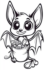 Obraz premium A cute cartoon bat with big eyes, holding a sack of candy.