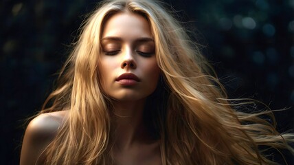 Fototapeta premium Portrait of closed eyes attractive sensual woman with flowing blonde hair on dark black background - capture her graceful dynamic movement. - female model showcases her healthy beautiful long hair