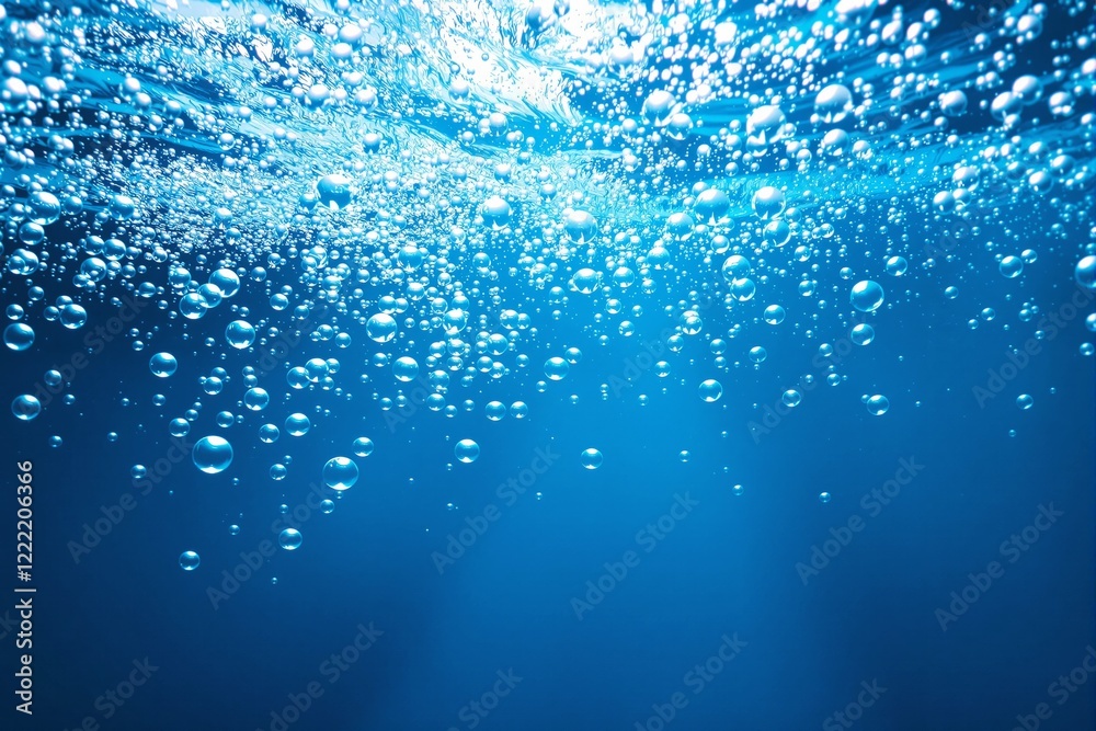 Poster abstract underwater view with air bubbles in blue light background.