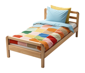Wooden Bed with Multicolored Patchwork Bedding