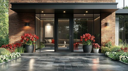 Fototapeta premium Modern Home Entrance with Red Flowers and Glass Doors