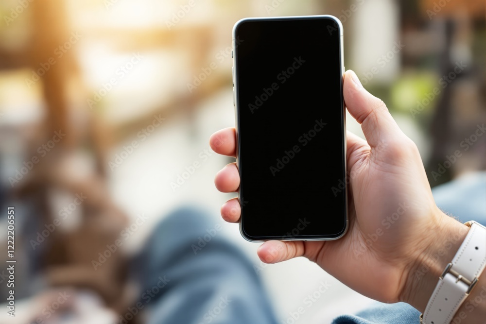 Poster closeup of a hand holding a smartphone with blank screen in natural light background, ideal for app 