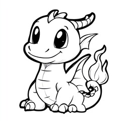 Obraz premium A cute cartoon dragon with big eyes and a small tail flame sits happily.