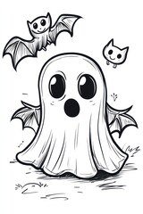 Obraz premium A cute cartoon ghost with a surprised expression, flying bats and a cat in the background.
