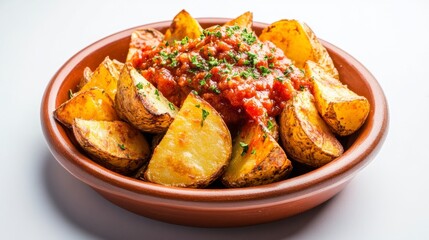 Crispy Roasted Potatoes with Spicy Tomato Sauce and Parsley Garnish