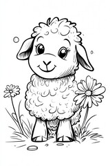 Obraz premium A cute cartoon lamb with big eyes, a fluffy body, and a happy smile stands amongst two flowers.