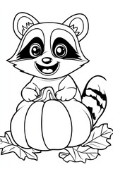 Obraz premium A cute cartoon raccoon sitting on a pumpkin with leaves.