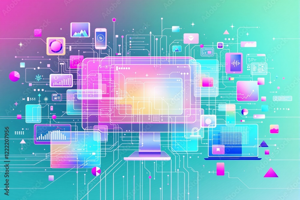 Poster Abstract digital technology interface with colorful icons on gradient background.