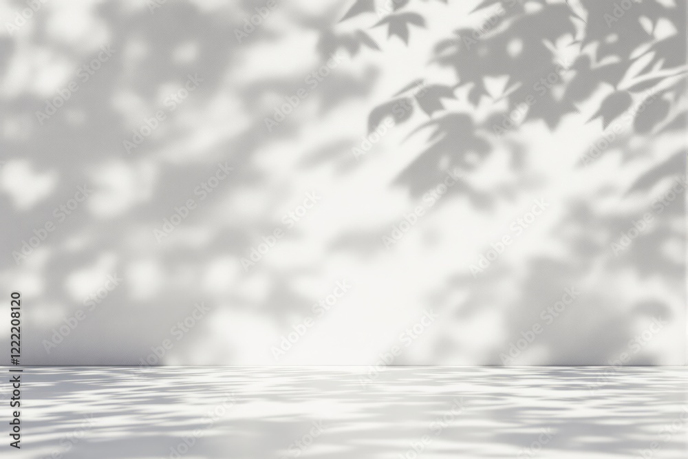 Poster abstract light shadow of leaves on a white wall and floor background.