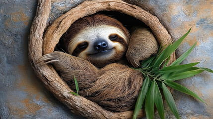 Fototapeta premium Cozy sloth curled up in ball, resting peacefully in tree hollow