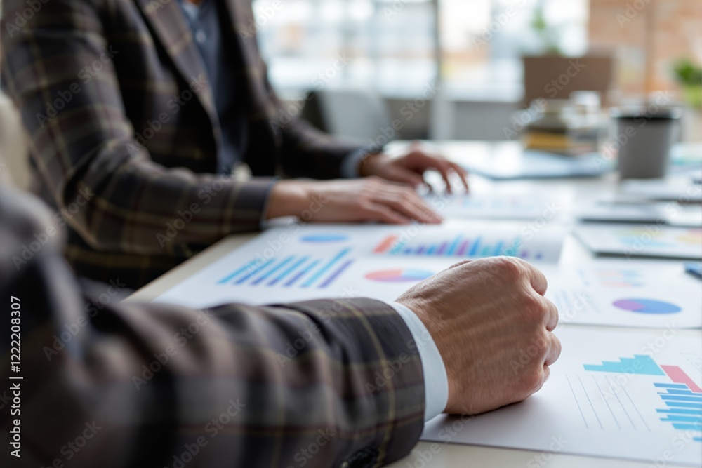 Poster close-up of business professionals analyzing financial charts and graphs on a desk in a modern offic