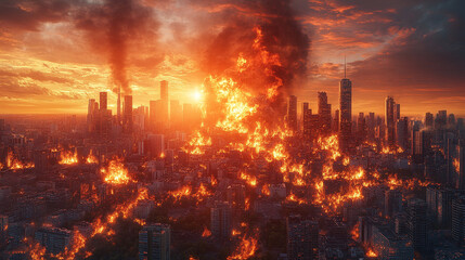 Fototapeta premium Post-apocalyptic cityscape with destroyed buildings, burning rubble, and polluted environment symbolizing chaos, devastation, and civilization’s collapse in a dystopian world with modern blurred tones