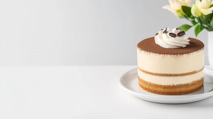 Elegant Tiramisu Cake on White Background with Flowers