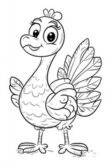 A cute cartoon turkey with big eyes and a friendly smile, perfect for coloring pages and children's books.