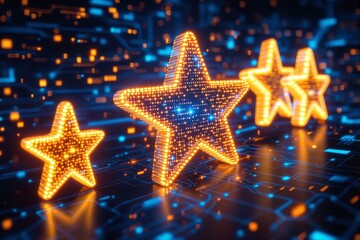 Bright glowing digital stars in futuristic neon background.