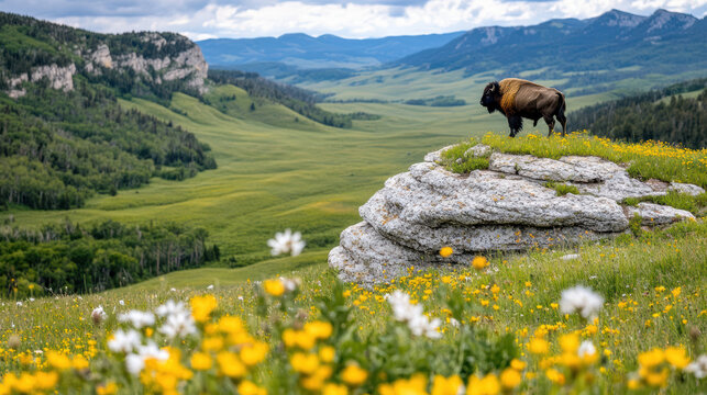 solitary bison stands majestically rocky outcrop, overlooking lush valley filled with