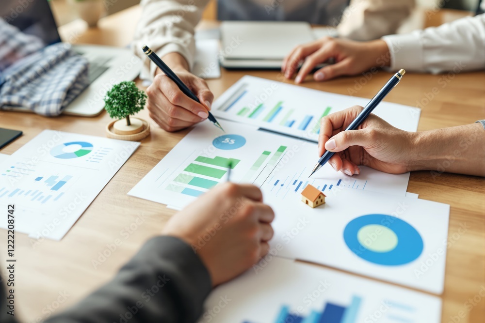 Poster hands pointing at financial charts and graphs on a wooden desk background.