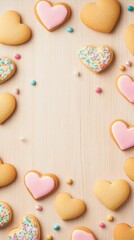 Fototapeta premium Heart Shaped Cookies with Pink Icing and Colorful Sprinkles on Wooden Background for Celebration Themes