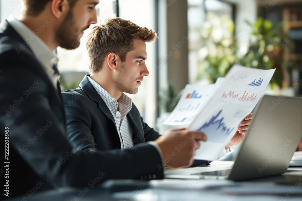 Poster business professionals analyzing charts and graphs in a modern office environment.