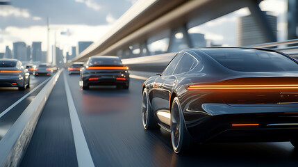 High-tech vehicles cruising on a seamless ai-managed highway in a futuristic urban environment capturing the essence of modern transport innovation