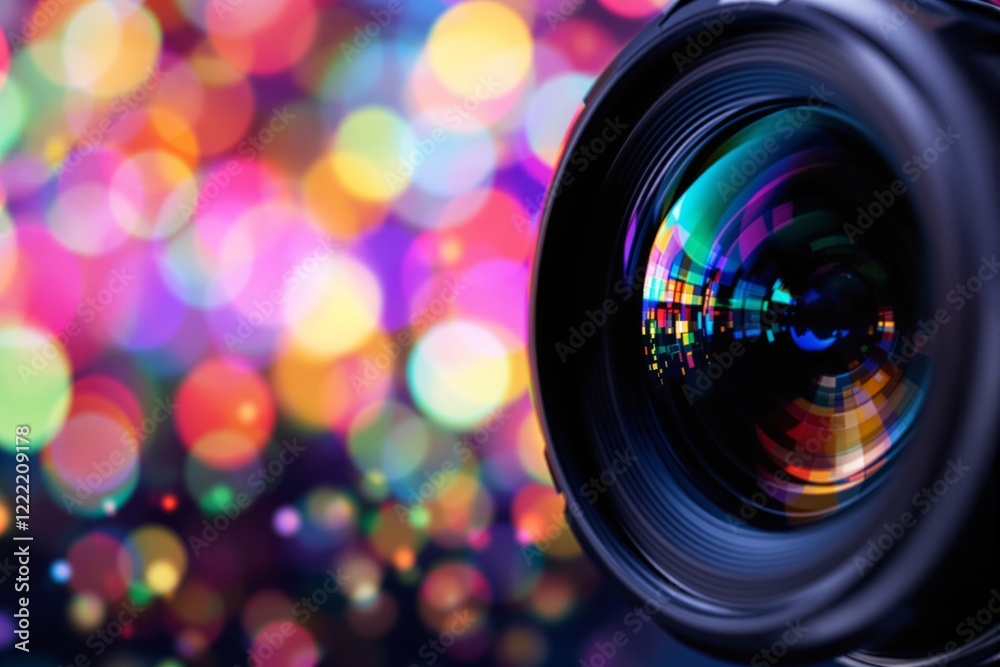 Aufkleber close-up of camera lens with colorful bokeh lights in the background.