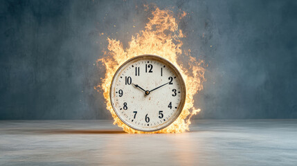 surreal depiction of burning clock surrounded by flames, symbolizing time