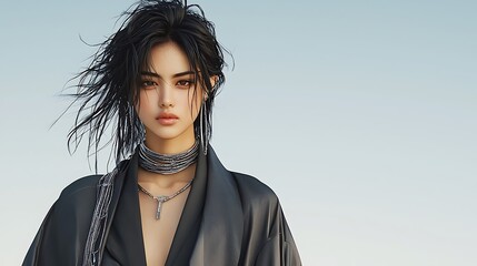 A minimalistic approach to eastern-western fusion fashion, featuring a model in black and grey attire, accentuated by pastel tones of silver and beige, soft barbiecore details, ultra-realistic, 