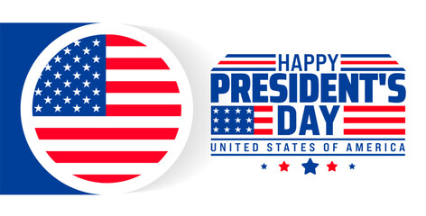 Happy President's Day with American flag background banner or poster design template. observed every year in February. Holiday concept. Use to any Template, card, poster, placard, template.
