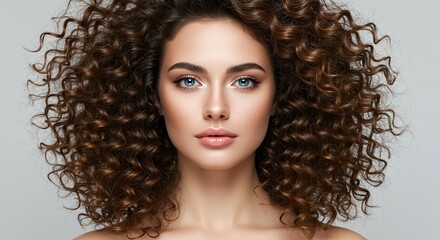 Fototapeta premium A stunning woman with voluminous, defined curls and striking blue eyes, showcasing flawless skin and natural makeup, radiating elegance and beauty.