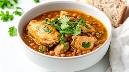Hearty Chicken and Lentil Stew with Chickpeas in a Rustic Bowl