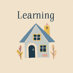 Learning house illustration with greenery on light background