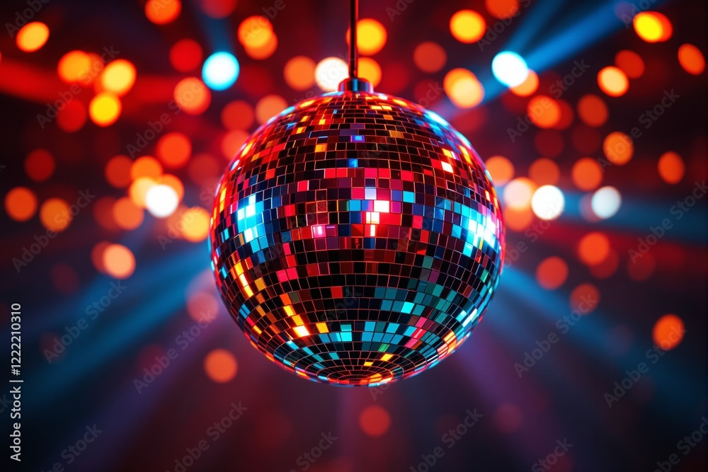 Poster Close-up of a shiny disco ball reflecting vibrant red and blue lights with a blurred background of colorful bokeh dots.