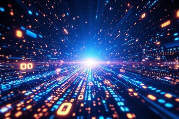 Futuristic digital data stream with glowing binary code and numbers on a blue background.