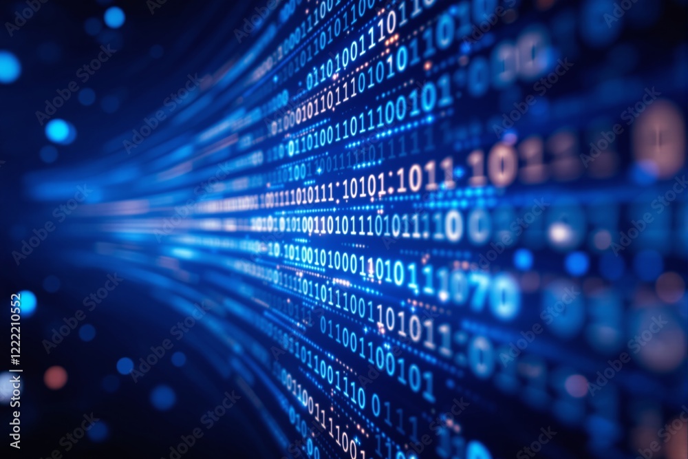 Poster Abstract binary code background with flowing blue light.