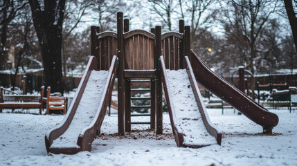 "A wooden slide on a playground blanketed in snow during winter. The slide is surrounded by frosted trees and a serene, snowy landscape. Footprints in the snow hint at recent visitors, adding a touch 