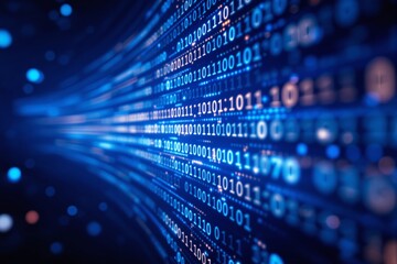 Abstract binary code background with flowing blue light.