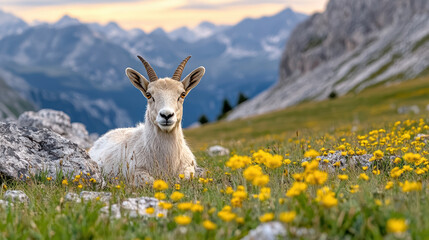 Fototapeta premium serene ibex resting among vibrant wildflowers in mountainous landscape