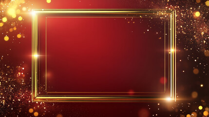 Obraz premium Sparkling golden frame isolated on red gradient background. Vector realistic illustration of shiny rectangular border with magic light and shimmering particles, game ui or banner design element