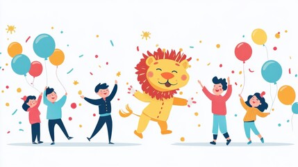 Children Celebrating with Colorful Balloons and a Joyful Lion Cartoon in a Festive Atmosphere