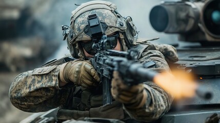 Fototapeta premium Soldier in Combat: Action and Intensity