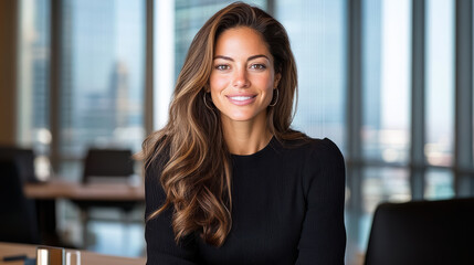 Fototapeta premium Confident woman smiling in modern boardroom with city view