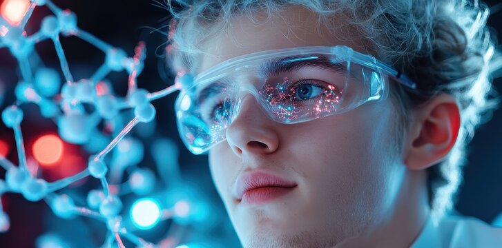 Young scientist examining neural precursor cells under a microscope in a modern laboratory setting.